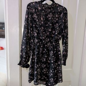 Forever 21 Black Long-Sleeve Floral Mini Dress with Pink Print
